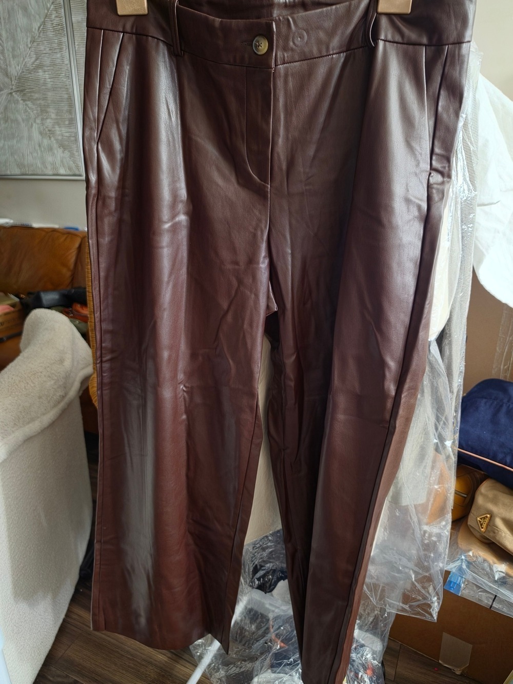 New Espresso Brown Faux Leather Wide-Leg Pants 48/32